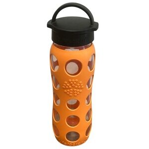 LifeFactory Glass Water Bottle Orange Silicone Sleeve Black Cap 16 oz